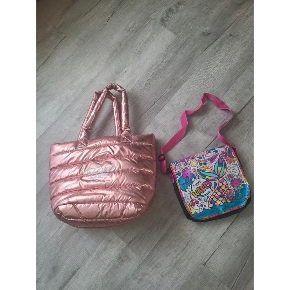Justice brand rose gold puffy totebag + 1 crossbody